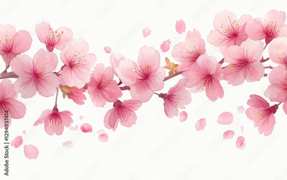 Fototapeta premium Cherry Blossom Spring Bloom Watercolor Illustration Floral Nature Branch Frame Pink Petals