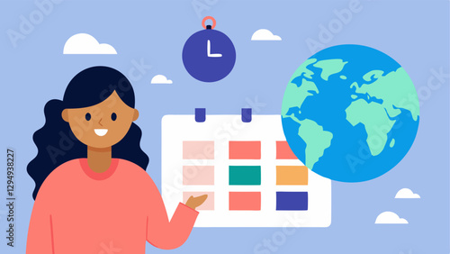 Time Zone Coordination A world clock showing different time zones with a female coordinator marking times on a calendar emphasizing scheduling across different locations.