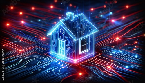 A glowing house made of circuit boards symbolizes the integration of technology and modern life in the digital age.
