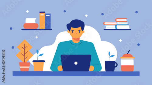 Writer at Desk A freelance writer sitting at a cozy desk with a laptop open surrounded by books and a steaming coffee mug with notes and sketches tered around.
