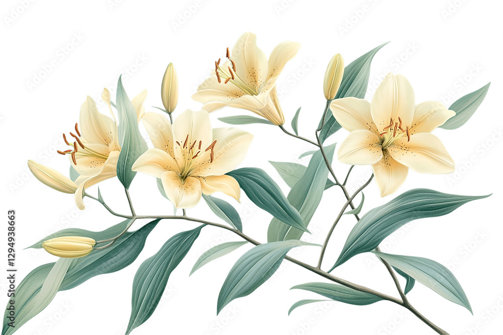 Fototapeta premium Elegant Lilies: A Botanical Illustration of Creamy White Lilies