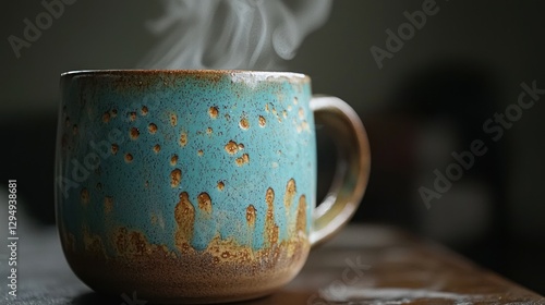 Wallpaper Mural Steaming teal ceramic mug on wooden table. Torontodigital.ca