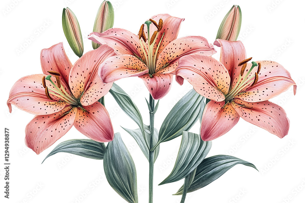 Fototapeta premium Elegant Trio of Pink Lilies: A Botanical Masterpiece