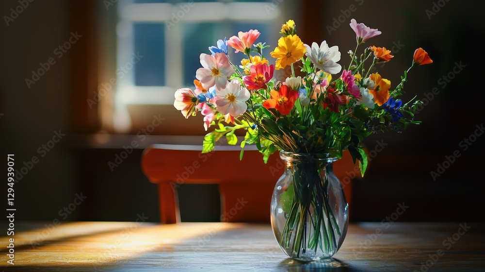 Colorful wildflowers in a glass vase on a wooden table, sunlit. Colorful wildflowers in a glass vase on a wooden table, sunlit.