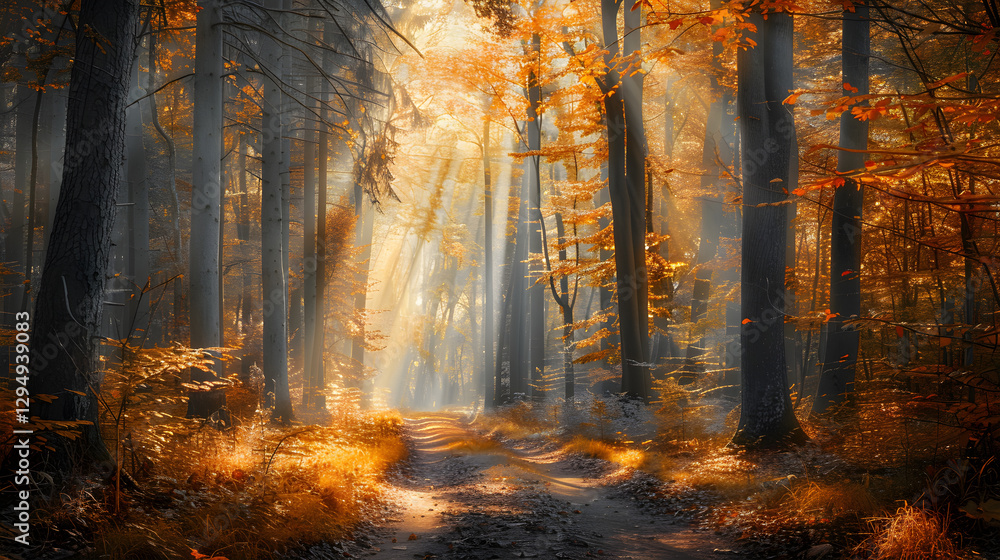 Sunlit Autumn Forest Path with Vibrant Foliage and Golden Sunbeams Sunlit Autumn Forest Path with Vibrant Foliage and Golden Sunbeams