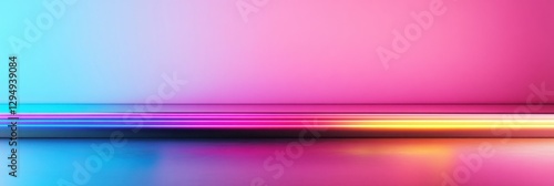 Glowing geometric shapes create a vibrant neon display on a dark glossy surface