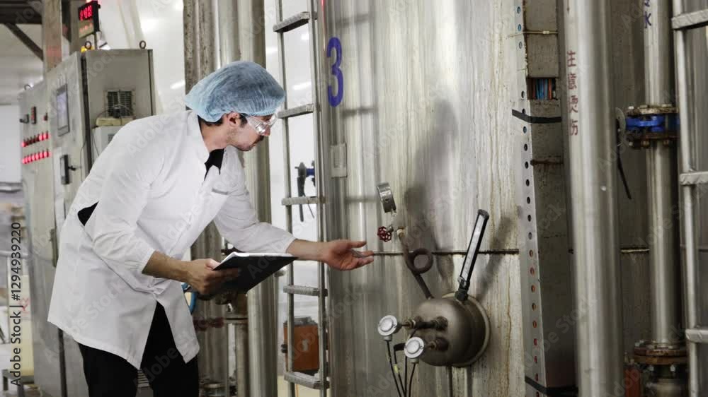 Male technician walks with toolbox inspecting the equipment steam boiler for sterilizing canned fish in production line and looking abnormalities plan maintenance modern canned fish factory. Male technician walks with toolbox inspecting the equipment steam boiler for sterilizing canned fish in production line and looking abnormalities plan maintenance modern canned fish factory.