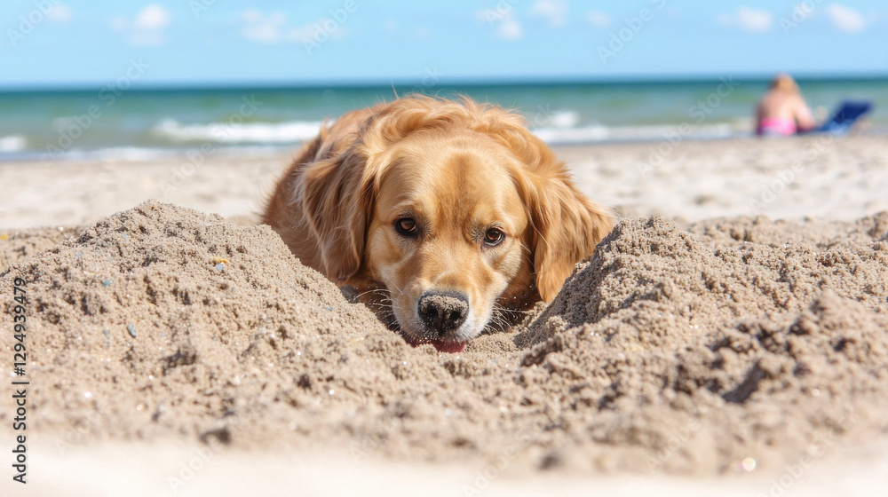 golden retriever digging in sand at beach, enjoying sunny day golden retriever digging in sand at beach, enjoying sunny day