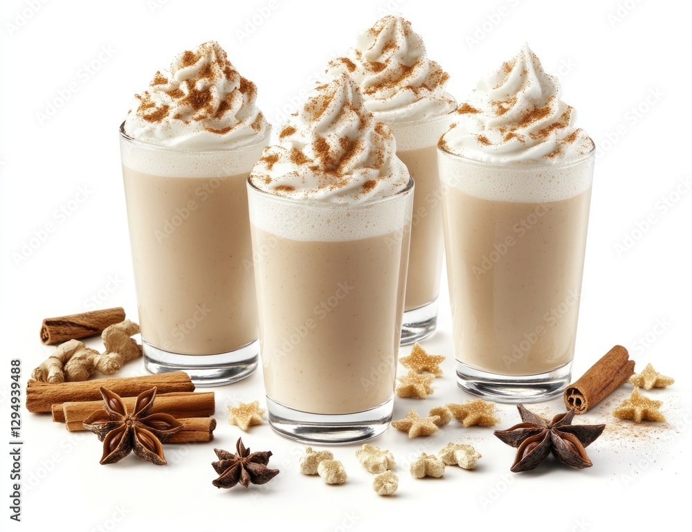 Four glasses of creamy spiced latte with whipped cream and cinnamon. Four glasses of creamy spiced latte with whipped cream and cinnamon.