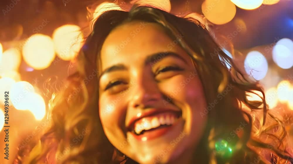Joyful Night Celebration with Vibrant Bokeh Lights and Smiling Woman in Motion Joyful Night Celebration with Vibrant Bokeh Lights and Smiling Woman in Motion