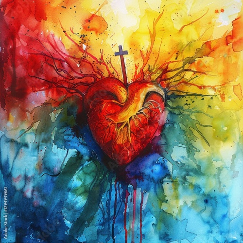 Jesus heart depicted in an abstract watercolor