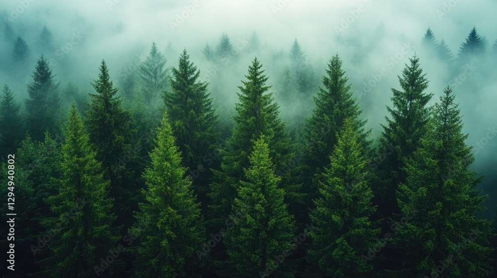Lush evergreen forest shrouded in morning mist, creating a serene and tranquil atmosphere Lush evergreen forest shrouded in morning mist, creating a serene and tranquil atmosphere