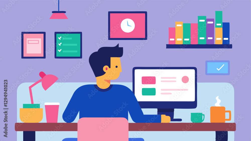 Obraz premium Workspace Setup A cozy home office scene featuring a designer at a desk with a large monitor displaying colorful app mockups sketchbooks and design tools tered around.