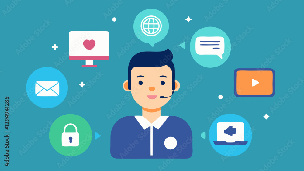 Virtual Support Tools A technician surrounded by floating icons representing various remote support tools such as a chat window video call and screen sharing. Virtual Support Tools A technician surrounded by floating icons representing various remote support tools such as a chat window video call and screen sharing.