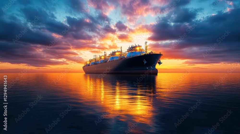 Large boat sailing on the ocean during a colorful sunset with vivid sky reflections on the water Large boat sailing on the ocean during a colorful sunset with vivid sky reflections on the water