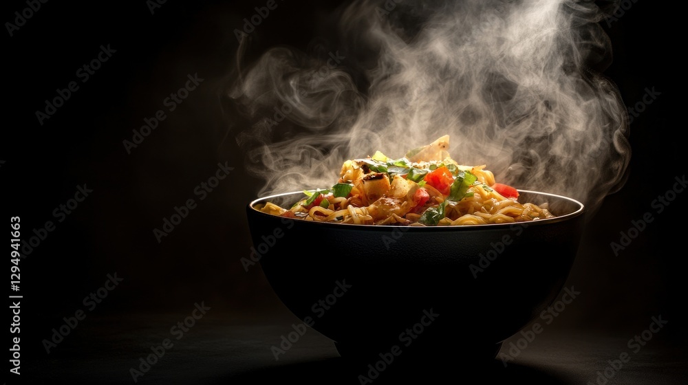 Steaming bowl of noodles with vegetables and meat. Steaming bowl of noodles with vegetables and meat.