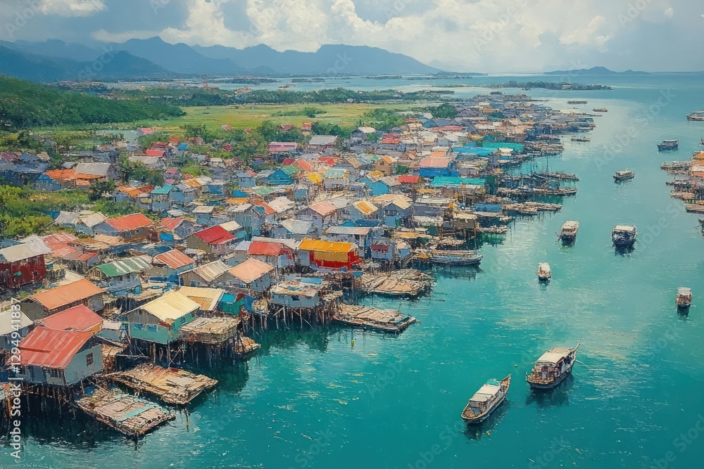 Fototapeta premium Aerial View of Traditional Fishing Village in Semporna Sabah Malaysia