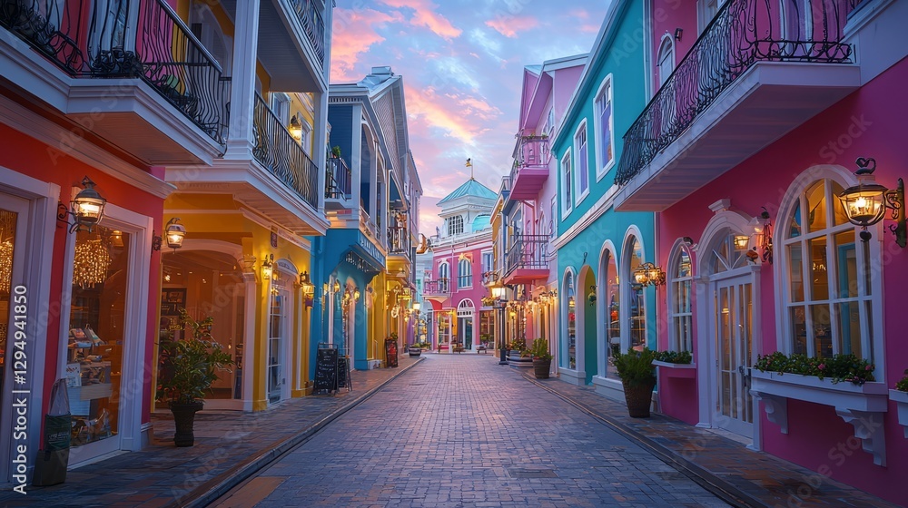 Obraz premium Colorful Streets of a Charming Town at Sunset