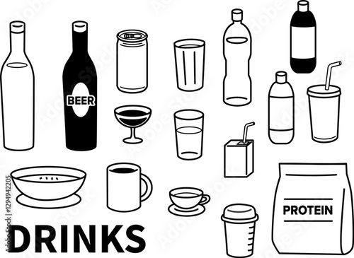 シンプルないろいろな飲物のイラストセット　モノクロ