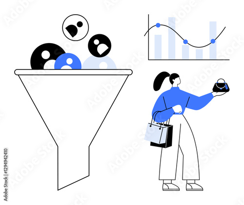 Funnel with consumer icons, analytical graph with declining blue line, woman holding shopping bags and gift box. Ideal for marketing, sales, customer segmentation, data analysis, consumer behavior