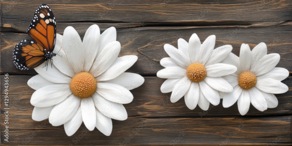 Obraz premium Daisy and Butterfly on Rustic Wood Wall