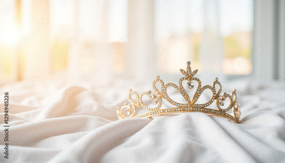 Fototapeta premium Golden tiara on soft white fabric with natural light