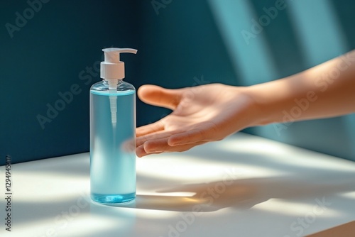 Hand Sanitizer on Minimalist Countertop for Hygiene and Health Safety photo