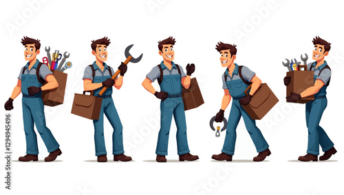 A set of handyman characters holding various tools, ready to perform repair and maintenance tasks, representing professional technical services.