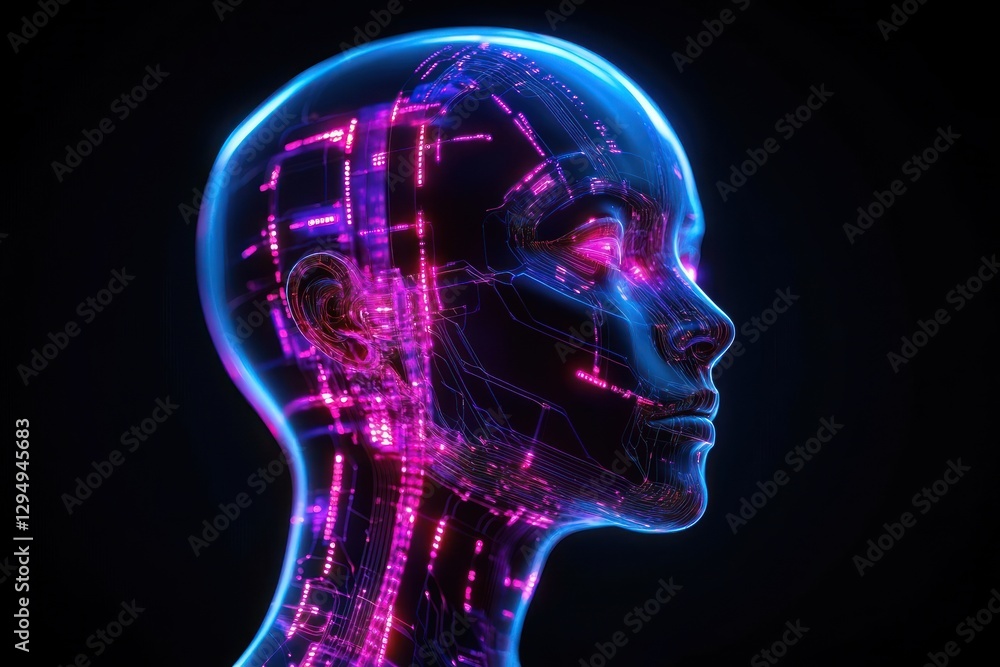 Obraz premium Futuristic Cybernetic Man Head with Neon Lighting and Circuit Patterns