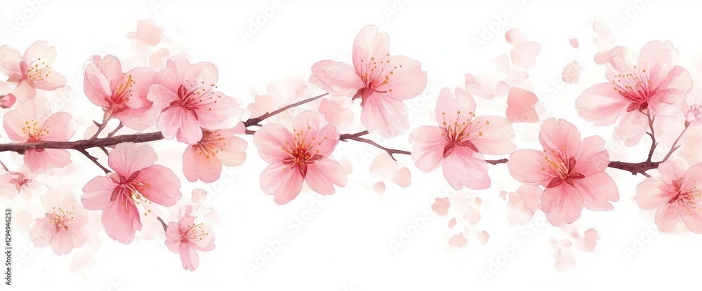Cherry Blossoms in Bloom Spring Watercolor Illustration with Petals and Branches Natural Light Cherry Blossoms in Bloom Spring Watercolor Illustration with Petals and Branches Natural Light