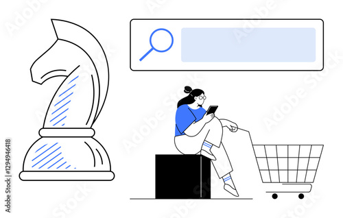 Chess knight, search bar, woman on black box with tablet, shopping cart. Ideal for e-commerce strategies, online shopping, tech savviness, search engine usage, decision-making retail strategy user