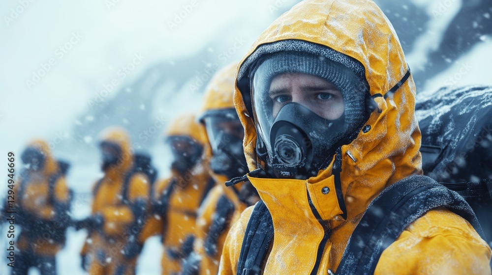 A group of people in yellow snow gear navigates a snowy landscape, wearing masks for protection against harsh weather conditions. A group of people in yellow snow gear navigates a snowy landscape, wearing masks for protection against harsh weather conditions.