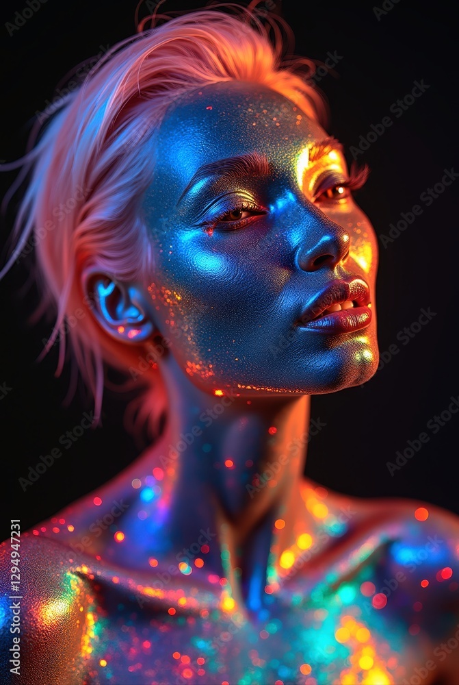 Obraz premium Artistic portrait of a model with colorful glowing metallic makeup and hairstyle