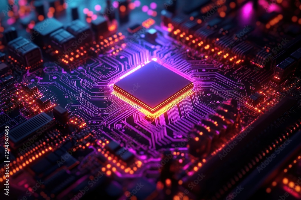 Futuristic Circuit Board with Central Processor and Neon Lights in Cyberpunk Style Futuristic Circuit Board with Central Processor and Neon Lights in Cyberpunk Style
