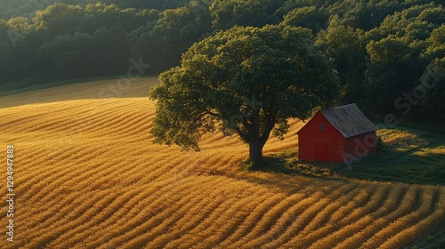 Serene countryside landscape featuring a red barn beside a large tree in golden fields at sunset