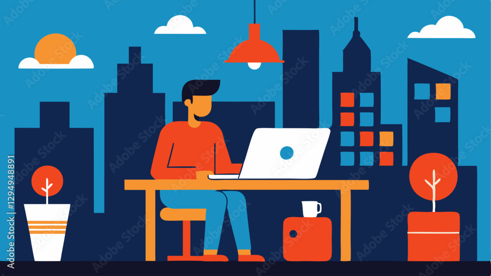 Urban Workspace A digital freelancer in a trendy loft with industrial decor focused on their laptop at a modern desk and inspirational art on the walls. Urban Workspace A digital freelancer in a trendy loft with industrial decor focused on their laptop at a modern desk and inspirational art on the walls.