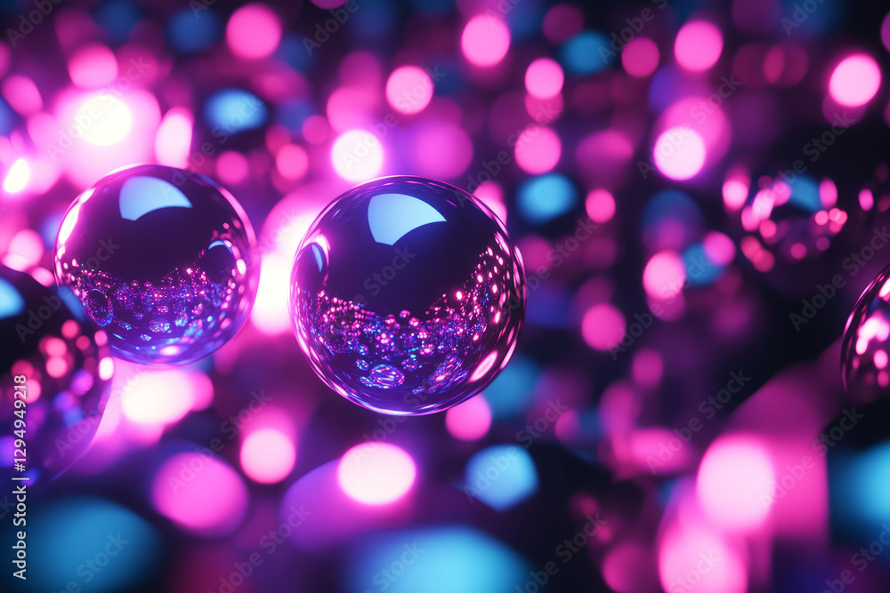 A mesmerizing 3D abstract background with an array of floating, metallic spheres reflecting neon light. The spheres hover in an infinite space, creating a futuristic and immersive visual experience, A mesmerizing 3D abstract background with an array of floating, metallic spheres reflecting neon light. The spheres hover in an infinite space, creating a futuristic and immersive visual experience,