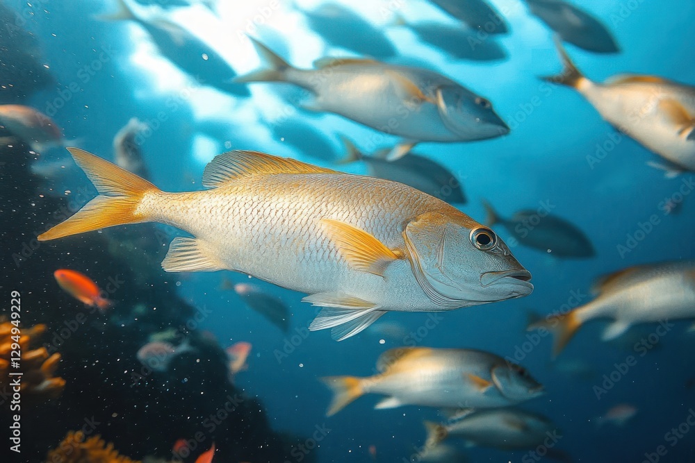 Naklejka premium School of Emperor Fish Swimming in Clear Blue Water Under Bright Sunlight in Andaman Sea