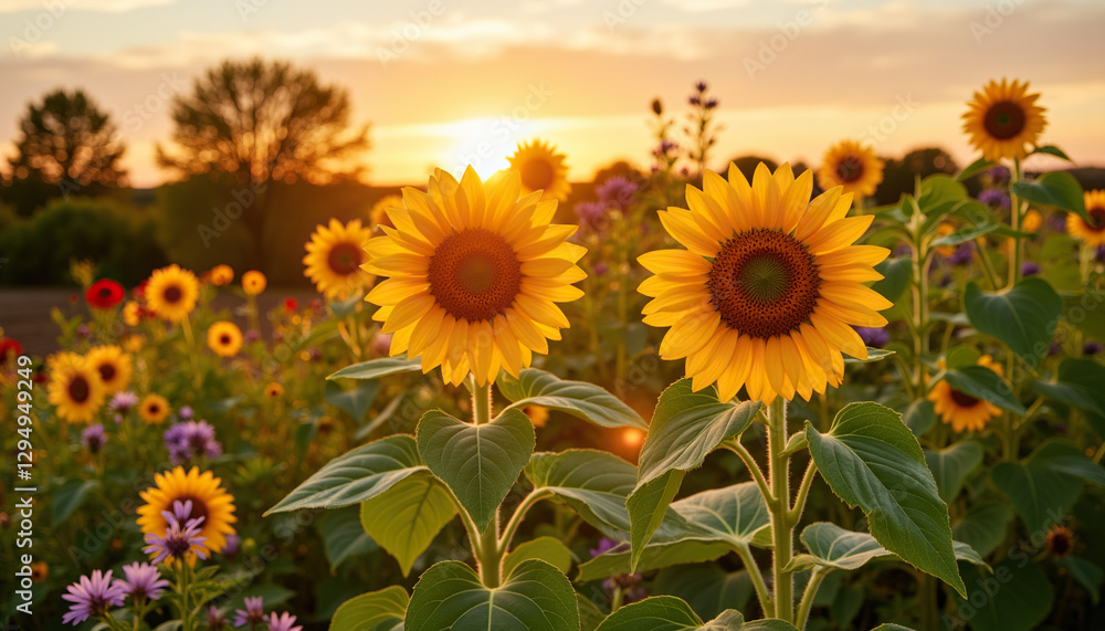 Obraz premium Sunflowers blooming at sunset in flower garden
