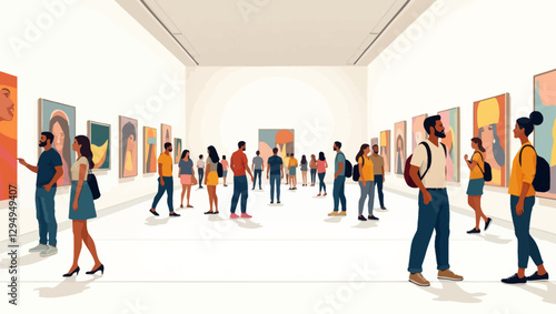 A group of people enjoying an art exhibition in a modern gallery. Ideal for culture, creativity, and museum themes.