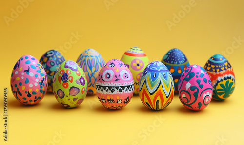 A row of eggs on a yellow background