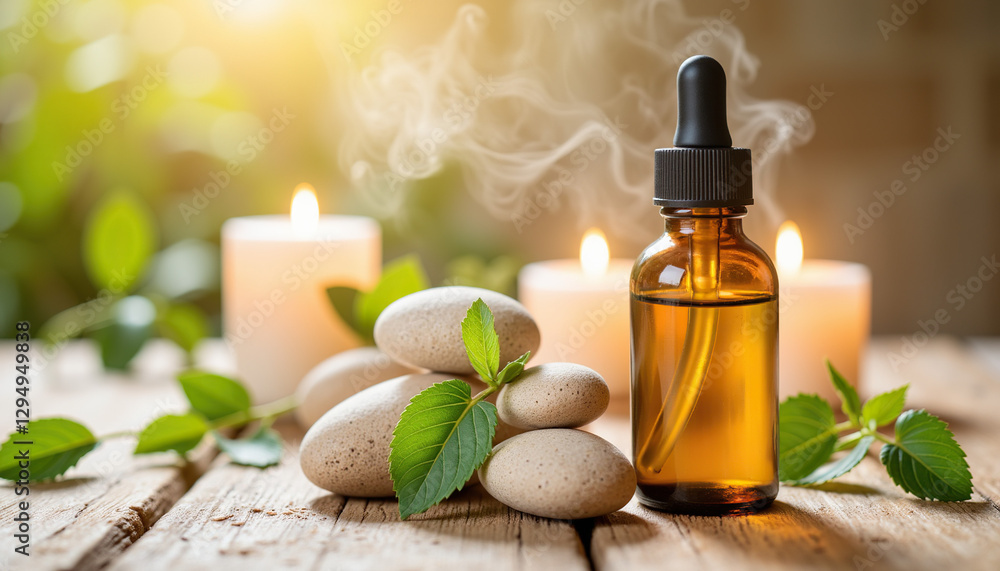 Essential oil bottle with stones and candles on wooden surface Essential oil bottle with stones and candles on wooden surface