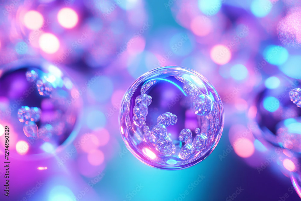 A surreal 3D abstract background featuring an intricate web of floating holographic spheres, softly glowing in futuristic neon shades of violet and turquoise. The reflections and layered depth create A surreal 3D abstract background featuring an intricate web of floating holographic spheres, softly glowing in futuristic neon shades of violet and turquoise. The reflections and layered depth create