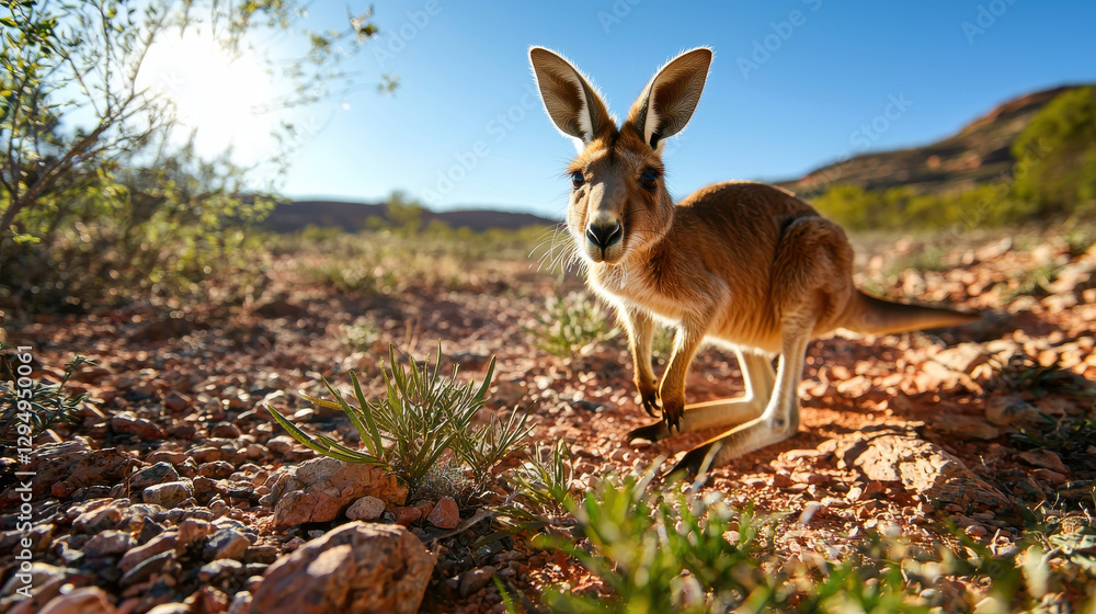 Curious kangaroo exploring remote Australian outback landscape, showcasing its natural habitat and vibrant surroundings Curious kangaroo exploring remote Australian outback landscape, showcasing its natural habitat and vibrant surroundings