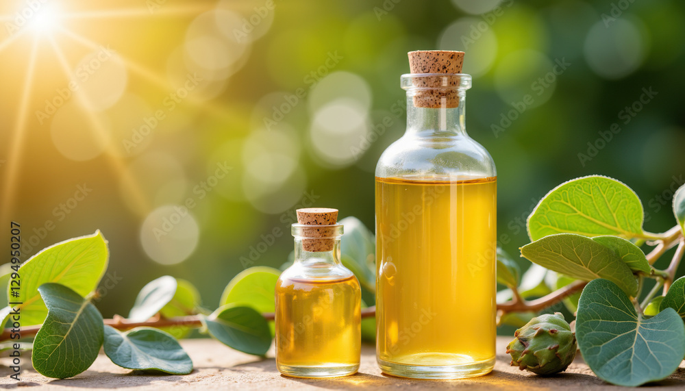 Glass bottles of essential Eucalyptus Oil against a natural background Glass bottles of essential Eucalyptus Oil against a natural background
