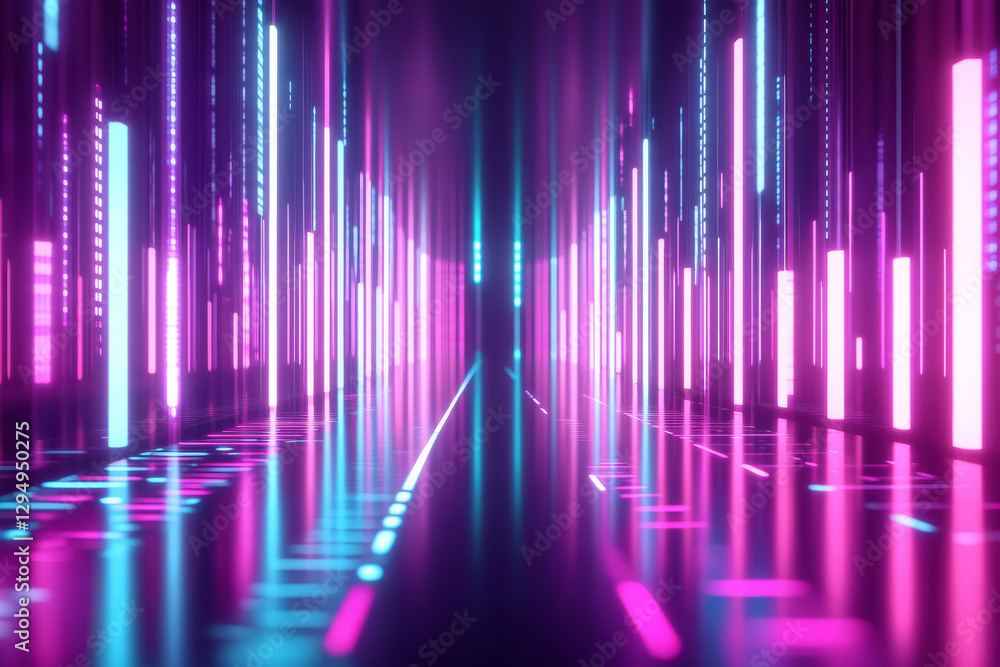 A mesmerizing 3D abstract background showcasing an infinite corridor of floating, neon-lit sound equalizers. The synchronized, pulsating light waves form a futuristic visualization of rhythm, digital A mesmerizing 3D abstract background showcasing an infinite corridor of floating, neon-lit sound equalizers. The synchronized, pulsating light waves form a futuristic visualization of rhythm, digital