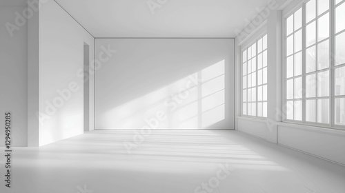 Bright white interior of an empty room with large windows allowing natural light to pour in during the day, creating a serene and peaceful atmosphere suitable for various activities