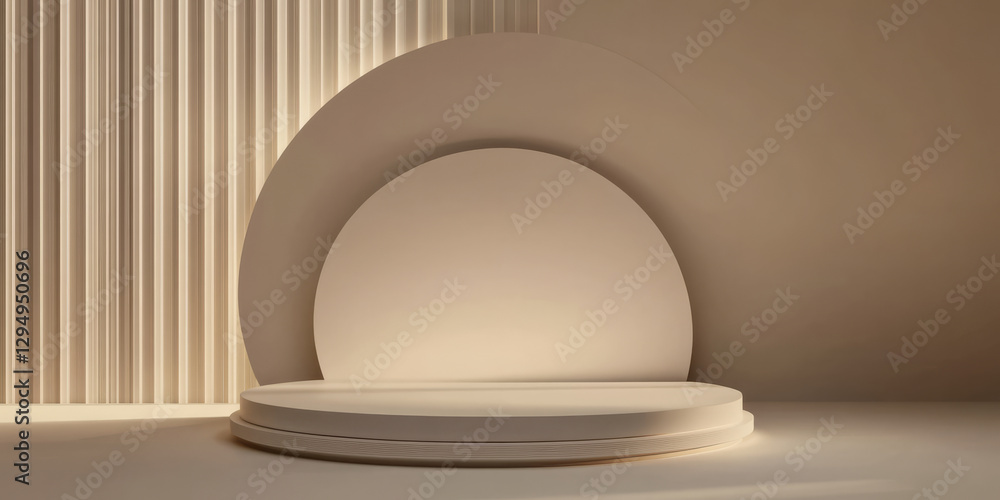 A modern 3D background with a minimalist circular podium bathed in soft, diffused lighting. The neutral color palette and smooth design create a clean and elegant look.