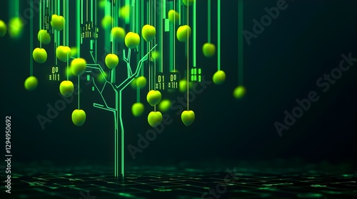 Digital Apple Tree with Binary Data - Technology, Innovation and Cybersecurity Concept