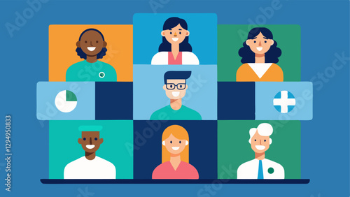 Virtual Support Groups A digital meeting screen split into panels showing diverse individuals participating in a virtual health support group facilitated by a healthcare